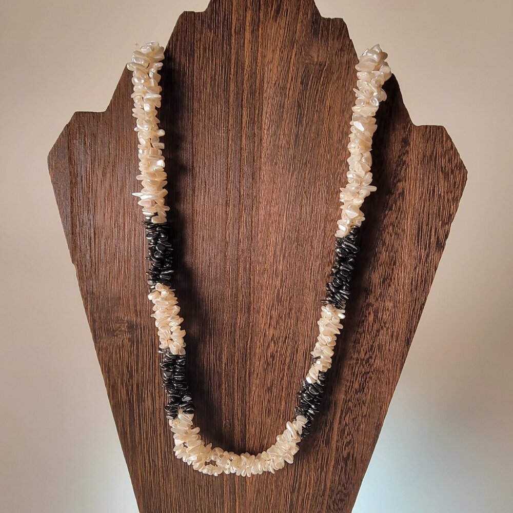 Hematite And Mother Of Pearl Shell Triple Strand Necklace Vintage
